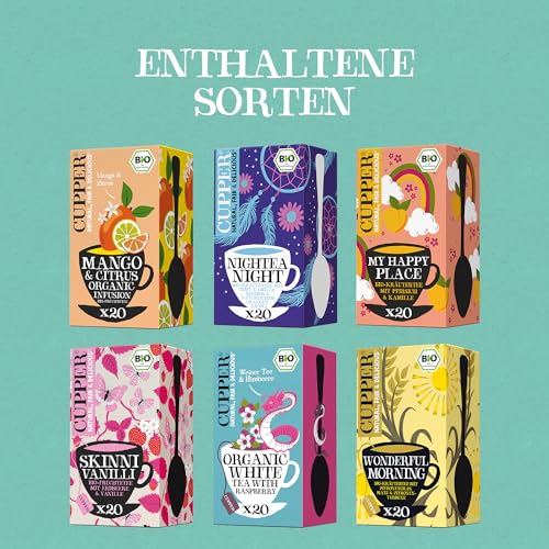 Cupper Bio Tee Geschenkset, 6 Sorten Kräutertee und Früchtetee für den ganzen Tag, Tee Set, Geschenkbox, Kollektion ausgewählter Biotees (1 Box, 78 Teebeutel)