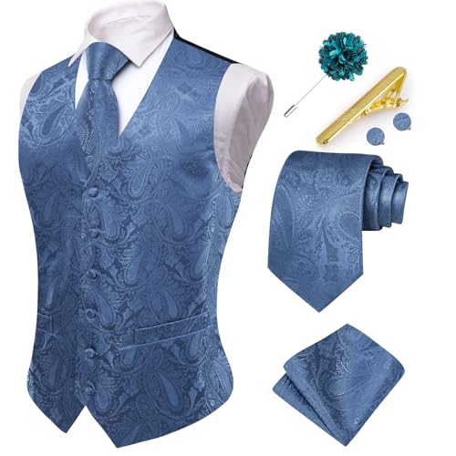 Hi-Tie Herren-Anzugweste und Krawatte, V-Ausschnitt, Seide, Paisleymuster, formelle Weste, Krawatte, Einstecktuch, Set für Hochzeit, A Blue, XX-Large Hi-Tie Herren-Anzugweste und Krawatte, V-Ausschnitt, Seide, Paisleymuster, formelle Weste, Krawatte, Einstecktuch, Set für Hochzeit, A Blue, XX-Large