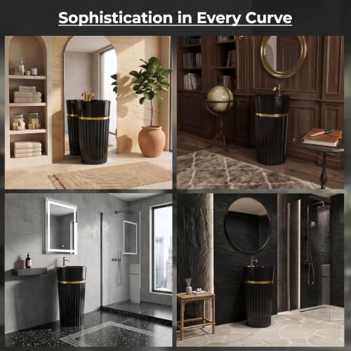 Image of BASSINO 17x17x33 Inches Ceramic Pedestal Wash Basin /7 Years Warranty /One Piece Free Standing Basin For Bathroom /Living Room /Salons /Round Modern Sink /Floor Mounted Washbasin(Glossy Black & Gold)