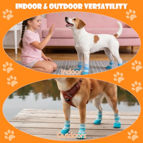 Image of Qpets 4Pcs Non-Slip Dog Socks, Rubber Dog Shoes Waterproof Pet Paw Protector Shoes with Soft Knit Upper & Durable Grip Sole, Adjustable Strap Pet Booties for Dogs Cat Indoor Outdoor Walking M 4-6.5KG