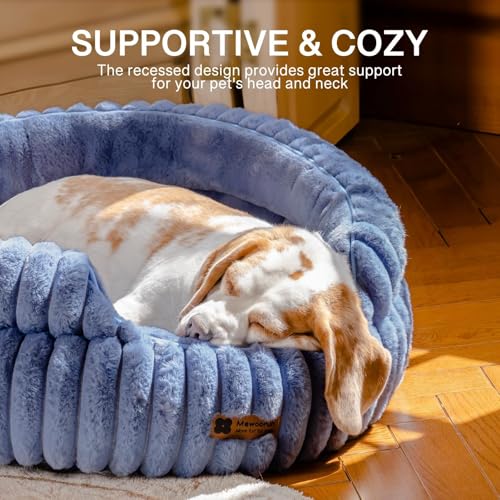 MEWOOFUN Stilvolle Katzenbetten für Katzen, weiches rundes Hundebett für kleine und mittelgroße Hunde, waschbares, beruhigendes Haustierbett (Blau, L)