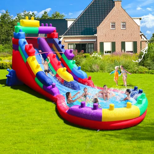 Inflatable Water Slide for Backyard, 22.47 x 9.84 x 10.83 Inch Outdoor Water Play Set with Powerful Blower, Spray Water and Splash Pool, Heavy-Duty Safe Water Park for Kids Adults Backyard Summer Fun