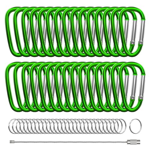 XIECHANEE 30PCS 2" Carabiner Clips, Aluminum D Shape Spring Snap Hooks Carabeaner with 30PCS Keyring Keychain Hook, Green