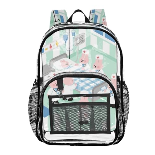 Cartoon Doctor Rabbits Cute Green School Clear Backpack Clear Book Bag For Boys See Through Heavy Duty Bag