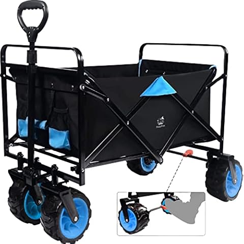 Collapsible Heavy Duty Beach Wagon Cart Outdoor Folding Utility Camping Garden Beach Cart with Universal Wheels Adjustable Handle Shopping (Black＆Blue) Cover