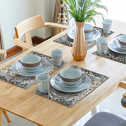 Image of Brown Navy Blue Ethnic Boho Placemats Set of 4 Bohemian Carpet Vintage Gold Black Tan Floral Linen Washable Kitchen Dining Table Mats Stain Heat-Resistant Desktop Place for Home Party 12x18 in
