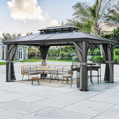 YITAHOME 12x16FT Polycarbonate Gazebo Double Roof Canopy Outdoor with Netting and Shaded Curtains, Aluminum Frame Polycarbonate Hardtop Garden Tent for Patio, Backyard, Deck and Lawns, Grey
