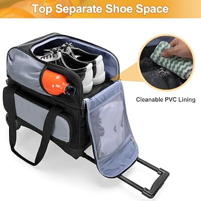 GOBUROS Single Ball Roller Bowling Bag with Wheels and Retractable Handle Extends to 35.4 Inches, Single Bowling Ball Bag with Shoe Compartment and Multiple Accessory Pockets, Black and Gray