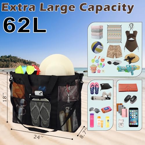 Extra Large Mesh Beach Bag for Family, Pool Travel Tote Bag with Zipper Closure, 10 Pockets, Sandproof Bottom3
