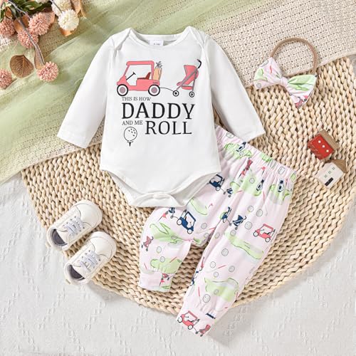 Newborn Baby Boy Girl Golf Outfit Long Sleeve Letter Golf Cart Romper Golf Pants Baby Golf Hat Set 3Pcs Fall Clothes2