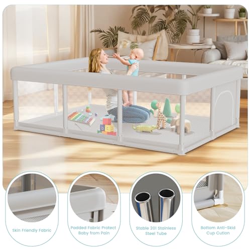 Image of besuhot Baby Playpen Extra Large Play Yard 74 inch x 50 inch Playpen for Babies and Toddlers with Anti-Slip Suckers and Zipper Gate, Safety Baby Activity Center for Indoor & Outdoor