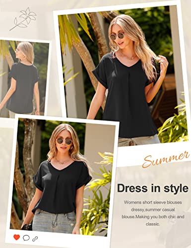 Yuson Girl Camisas Mujer Manga Corta Blusas Mujer Verano con Cuello en V Blusa de Gasa Elegante Blusa Señoras Verano Sexy Tops Informal Camisetas para Mujeres Chicas Adolescentes(Negro, S)