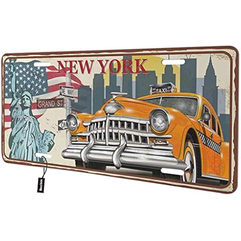 Beabes New York Front License Plate Cover,Vintage American Flag The Statue of Liberty Land Mark Retro Car Decorative License Plates for Car,Novelty Auto Car Tag Vanity Plates for Men Women 6x12 Inch Cover
