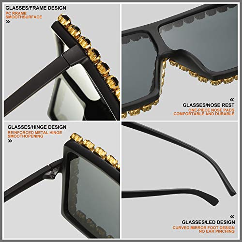 Weewooday 2 Pairs Oversized Square Crystal Sunglasses Flat Top Sunglasses Retro Thick Frame Bling Glasses for Women Men4
