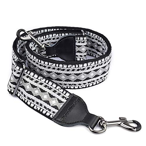 CLOUDMUSIC Banjo Strap Jacquard Woven With Leather Ends And Metal Clips (Black and White)