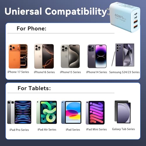 Image of Duloch USB C Wall Fast Charger Block, 40W 4-Port Type C Chargers Fast Charging Blocks for Phone 17 /16 /15 /14 /13 /12 Pro Max, Pad, Galaxy S24 /23-2Pack Gradient Blue