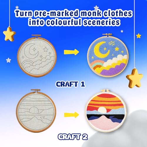 Image of KREEDA Punch Needle Embroidery Kit, DIY Creative Activity, Landscape Embroidery DIY Set, With Wooden Hoop Monk Clothes and Woolen Yarns. Gifts for Girls & Boys Ages 6, 7, 8, 9, 10, 11, 12 (Punch Needle Landscape)