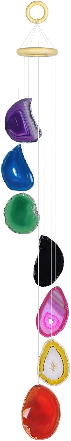 Nupuyai Wind Chimes - Unique Agate Slices Geode Stone Wind Chimes Indoor Outdoor, Healing Stone Windchime Hanging Ornament for Home Garden, 25.6-31.5'', Rainbow Agate