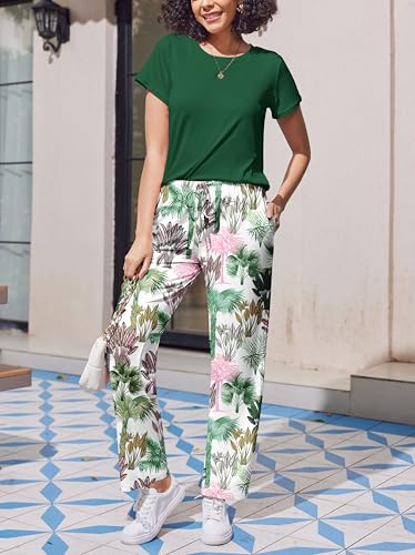 Image of Ekouaer Pajama Sets for Women Round Neck Pjs Short Sleeve Sleepwear with Long Pants Loose Lounge Sets