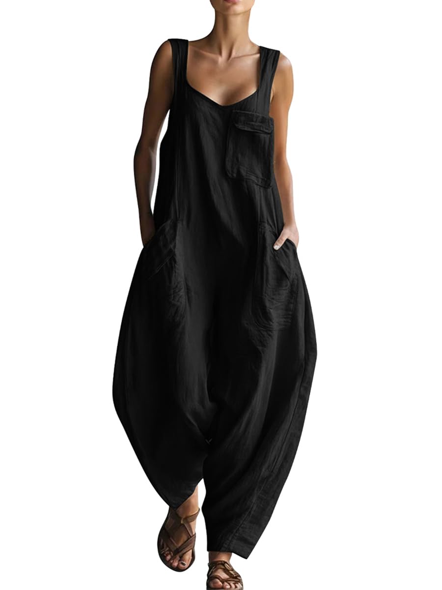 Onsoyours Salopette Donna Estiva Lunga in Lino Elegante Tuta Intera Chic Jumpsuit Pantaloni Gamba Larga Senza Maniche con Tasche