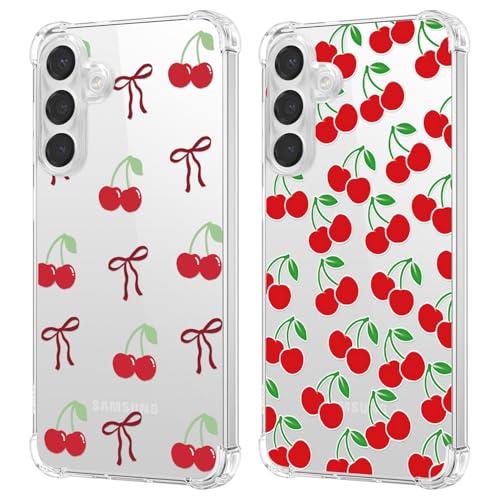Coque Samsung S25 transparente antichoc avec motif cerise en silicone souple - Lot de 2