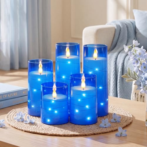 Image of Homemory Flickering Flameless Candles, Blue LED Pillar Candles with Remote