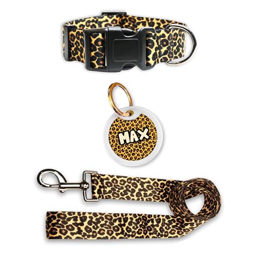 Image of Pawsindia Leash and Collar with Name Tag for Dogs, Cheetah Print with 1.5 Inches Width Adjustable Collar and 4 Feet Heavy Duty Leash with Customize Nametag