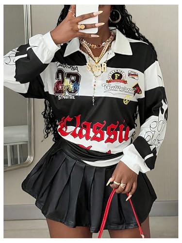 Image of RoseSeek Women's Color Block Graphic Jersey Shirt Long Sleeve Collared Golf T Shirts Y2K Tops Streetwear