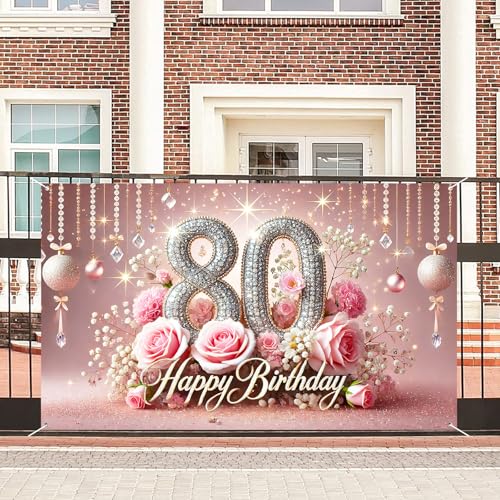 Image of Nuxovilar 80th Birthday Banner - Elegant Pink & Gold Floral Backdrop