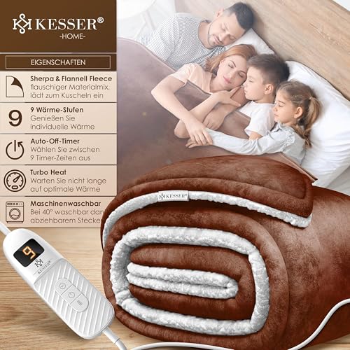 KESSER® Heizdecke mit Abschaltautomatik 180x130cm Doppelseitig Elektrische Wärmedecke | Kuscheldecke Bett, Sofa | 9 Temperaturstufen | waschbar bis 40°C | mit Timer Digitalanzeige Braun