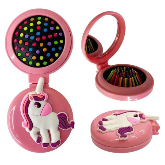 TERA 13 2-In-1 Mirror Combo (Pack Of 2 Pcs) Cartoon Design Portable Travel Comb For Girls, Soft Bristles, Gift Pack Easy To Carry For Travel, Office, Hair Comb Brush For Baby Girls