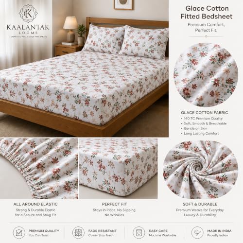 Image of Fitted Bedsheet White Soft Floral Print Glace Cotton 210 TC | Single Size for Single Bed Fits 3 x 6.25 ft Mattress (36 x 75 Inch) | All Around Elastic | 2 Pillow Cover | 7 Inch Deep Pocket