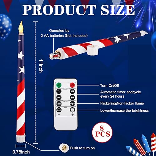 Image of Aurelema 8 Pcs Patriotic Candles Flameless Taper Candles with Remote & Timer 4th of July American Flag Flameless Candlesticks Flickering Real 3D Real Candle for Independence Day Decor (Classic)