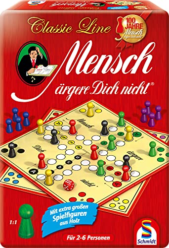 Schmidt Spiele 49439 Mensch ärgere Dich Nicht in der Metalldose, Classic Line, mit extra großen Spielfiguren aus Holz [Exklusiv bei Amazon], Rot