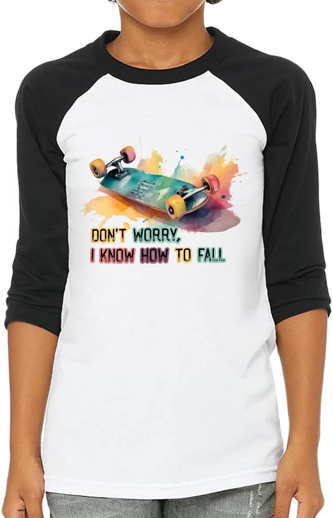 Don't Worry I Know How to Fall Kids' Baseball T-Shirt - Print 3/4 Sleeve T-Shirt - Skateboard Baseball Tee