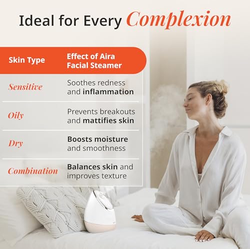 Image of Vanity Planet Aira Ionic Facial Steamer (Beige) - Pore Cleaner that Detoxifies, Cleanses and Moisturizes - Adjustable Nozzle, Water Tank with 3 Essential Oil Baskets