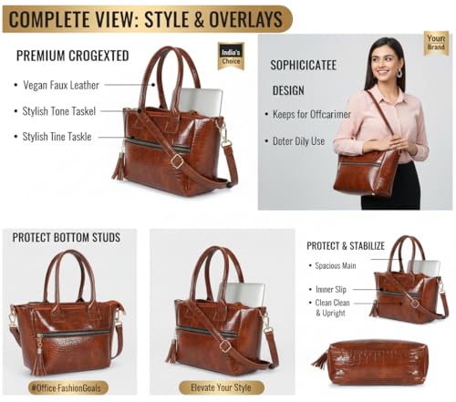 Image of Croco Pattern Premium Synthetic Leather Handbag For Women Top Handle Shoulder Bag Adjustable & Detachable Sling Strap Stylish Handbag For Ladies (Tan) (Tan)