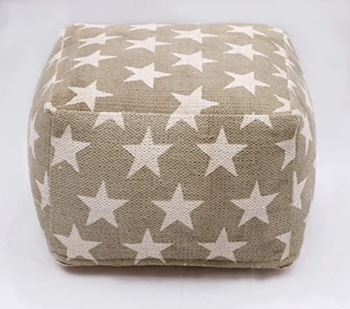 WOVEN ST. Hand-Woven Ottoman Indoor/Outdoor Pouf | 100% Cotton | Footrest | Zipper Cover with Filling | Printed Floor Chair | for Living Room, Bedroom, Kids Room |16x16x12 Inch – Beige