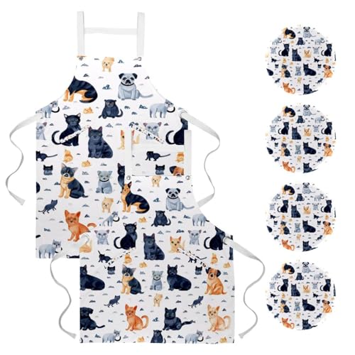 Lot de 2 tabliers de cuisine multicolores chat et chien avec 4 broches