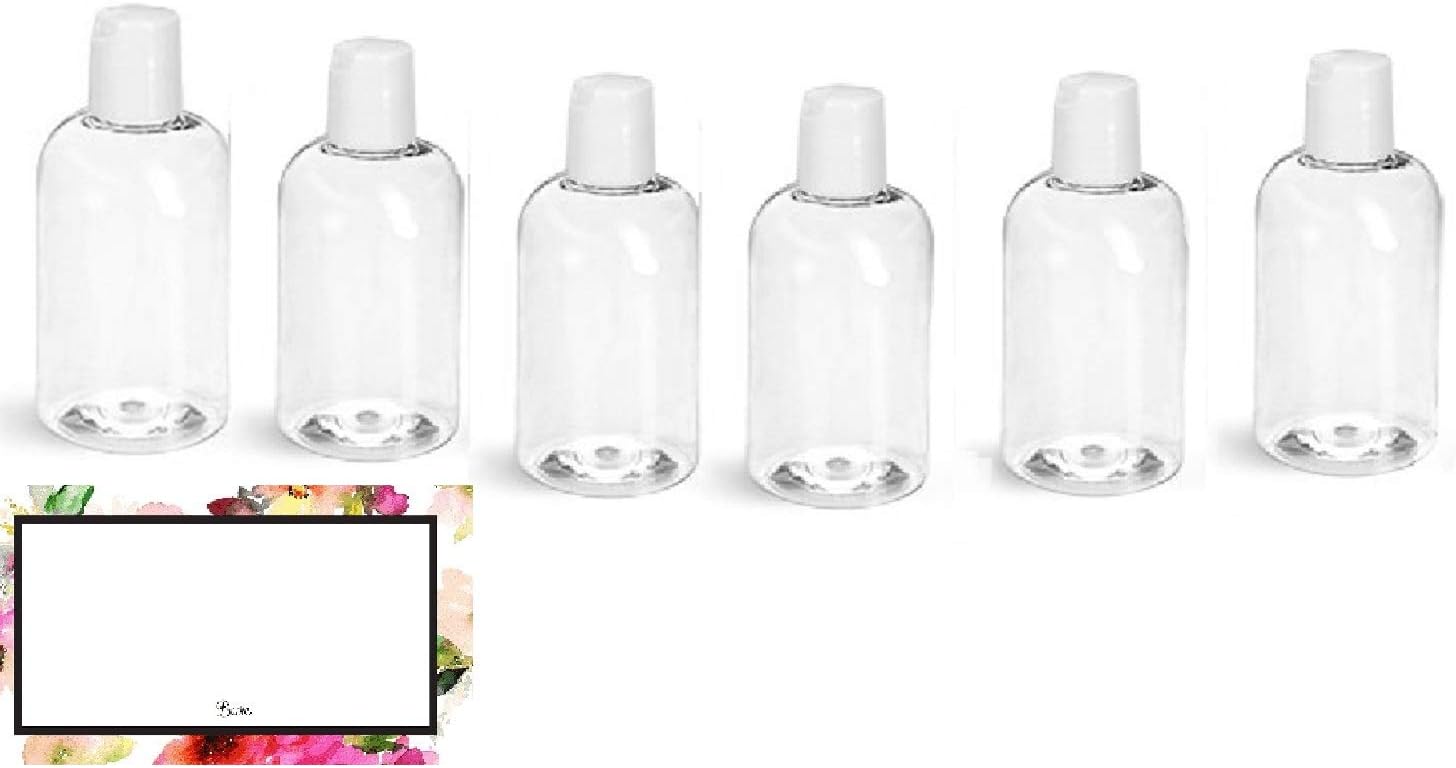 Baire Bottles - 4 oz CLEAR PLASTIC REFILLABLE BOTTLES with WHITE HAND-PRESS FLIP DISC CAPS - For TRAVEL OR GIFTING Soap, Shampoo or Lotion - PET, BPA Free, Lightweight, 6 Pack, BONUS 6 FLORAL LABELS