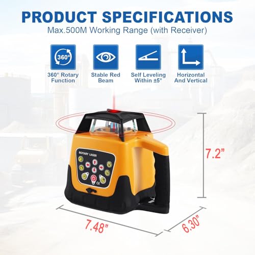 Kit de nivel giratorio de 360° con rango de 500 m autonivelante para construcción al aire libre, incluye trípode de topografía y personal de 5 m