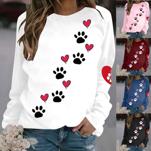 Sweatshirt Damen Niedlich Hundepfoten Muster Oberteile Leichtes Herbst Winter Pullover Liebes Herz Muster Langarmshirt Locker Pulli Tops Basic Shirt Rundhals Langarm Bluse Bequem Tunika