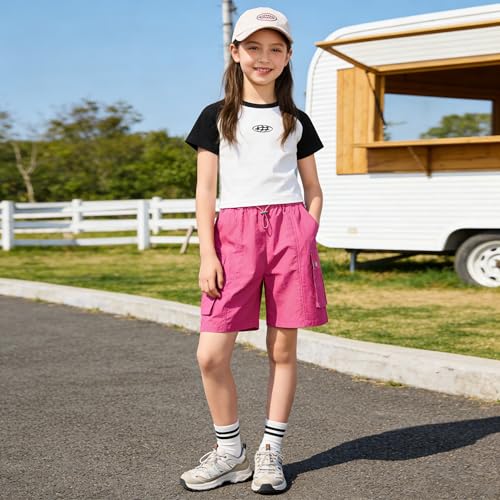 Image of Rolanko Girls Cargo Shorts Lightweight Parachute Short Pants with Pockets Summer Cargo Shorts for Kids Casual Hiking Sports