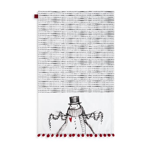 DEMDACO Simply Snowy 43 x 71 cm Algodão Sarja Natal Cozinha Toalha de Chá Branco Preto e Vermelho Boneco de Neve Coração