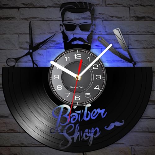 Timethink Reloj de pared LED de 12 pulgadas con 7 modos luminosos, silencioso, sin tictac, hipster, para hombre, vintage, decorativo, analógico, de vinilo, para decoración de peluquería, regalo