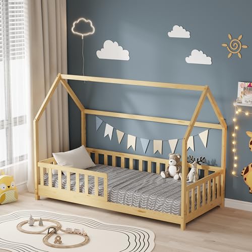MINEA | Lit cabane pour Enfant avec barrière 90x190 cm TCHOUPI (Matelas Non Inclus) - Bois