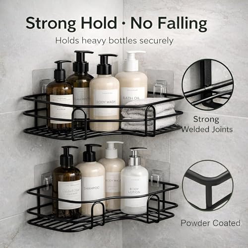 Image of Corner Shower Caddy Shelf Set of 2 | Self Adhesive Bathroom Shelf Organizer | Rustproof Wall Mounted Bathroom Rack for Shampoo, Soap & Toiletries | No Drilling Storage Basket