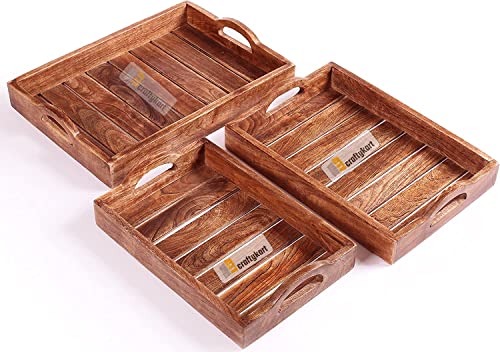 Image of Wooden Shesham Wood (Rose Wood) Serving Tray Set -3 - Standard Size (Brown)