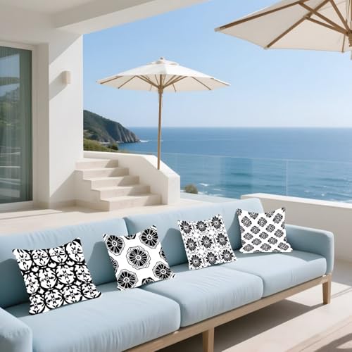 Housse de coussin 45x45 cm en lin imperméable géométrique noir et blanc - 3