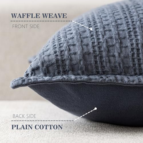 Image of Foindtower Set of 2 Decorative Cotton Waffle Weave Throw Pillow Covers Euro Shams Cushion Covers Accent European Pillowcase for Bed Couch Sofa Bedroom Living Room Home Decor 20x20 Inch Blue
